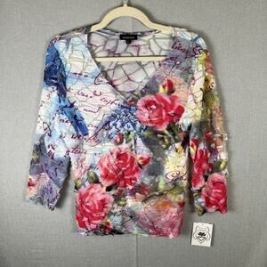 Cubism Womens Wearable Art Top Size Large Floral V Neck Textured Abstract NEW